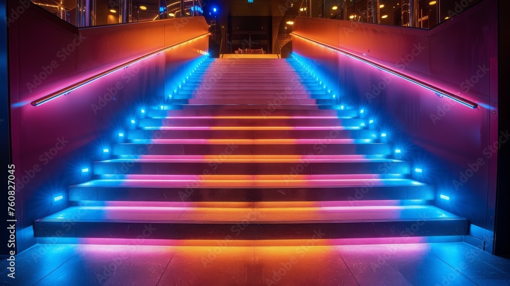 Fototapeta premium Illuminated Staircase With Blue and Pink Lights