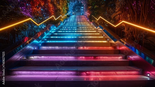 Illuminated Staircase With Blue and Pink Lights