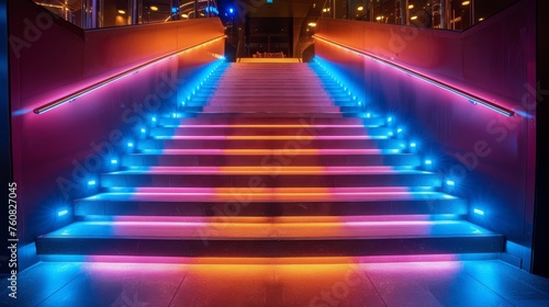 Illuminated Staircase With Blue and Pink Lights
