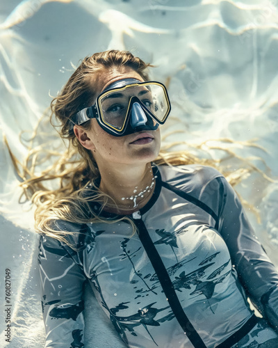 Portrait of a Woman in diving suit and wearing diving gear is swimming in the open ocean (ID: 760827049)