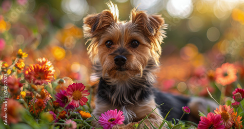 Small Dog Sitting in Field of Flowers