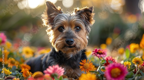 Small Dog Sitting in Field of Flowers