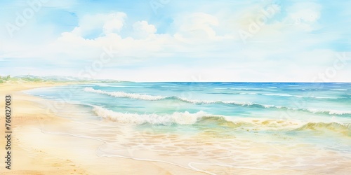 Watercolor Beach with Sea Waves  Aquarelle Ocean Tide  Vacation Background with Sea Waves Drawing