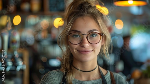 Woman Wearing Glasses Standing in Front of Bar