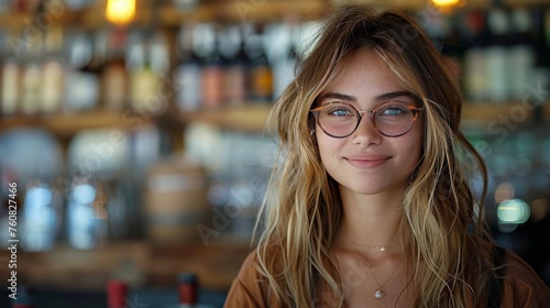 Woman Wearing Glasses Standing in Front of Bar