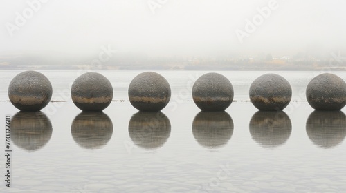 a group of rocks sitting in the middle of a body of water with a foggy sky in the background.