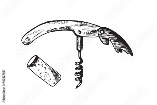 Hand drawn sketch of a modern corkscrew and wine cork . Engraving style. Doodle illustration. For design, packaging, web banners