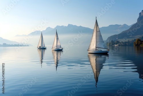 group of sailboats floating on top of a body of lake water