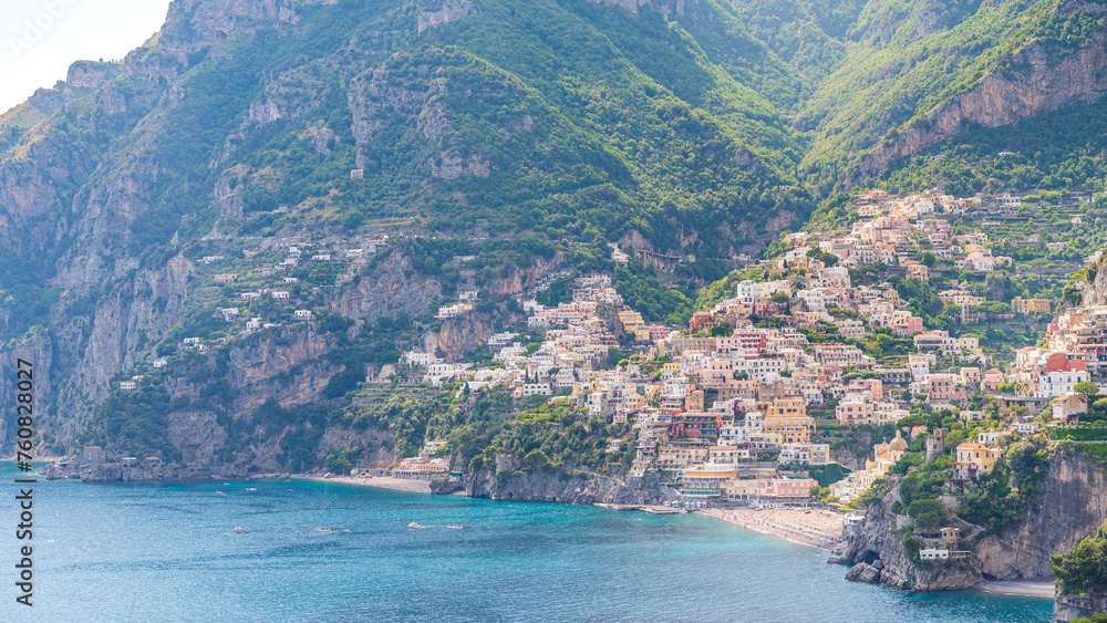 Positano city seen from afar. Marina Grande beach and Fornillo beach (on the left). Amalfi Coast ITALY