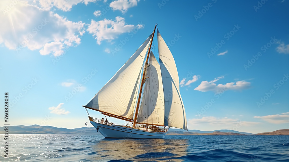An elegant sailing yacht catching the wind, its sails unfurled against a backdrop of cerulean sea and sky.