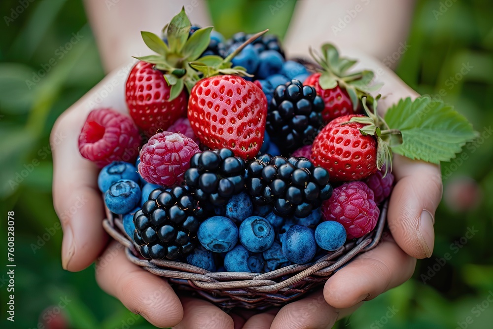 Vibrant summer berry picking delights, nature's sweet bounty in hand. Vibrant summer berry picking delights, nature's sweet bounty in hand.