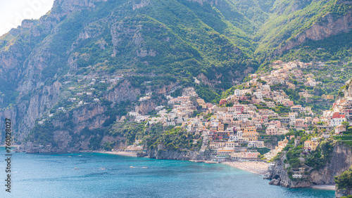 Positano city seen from afar. Marina Grande beach and Fornillo beach (on the left). Amalfi Coast ITALY photo