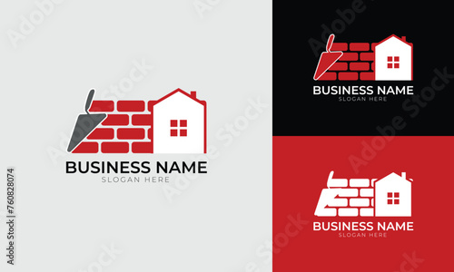 construction plastering logo with brick and trowel and house design