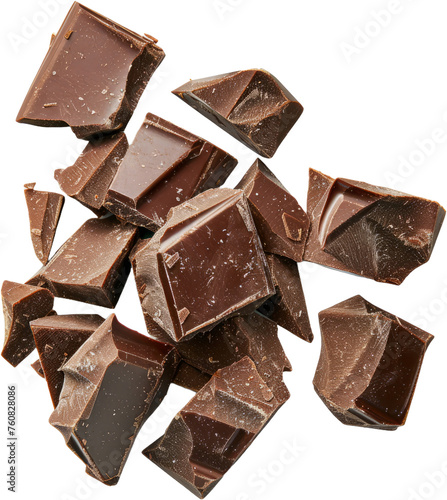 Scattered chocolate squares piled, cut out transparent photo