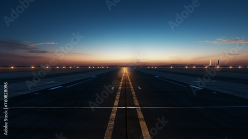 An empty tarmac at twilight  runway lights beginning to flicker on.