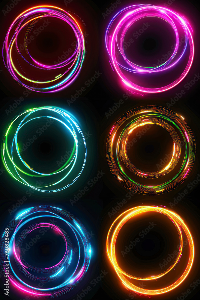 Vertical Set of glowing neon color circles round curve shape with wavy dynamic lines isolated on black background technology concept. Vertical Set of glowing neon color circles round curve shape with wavy dynamic lines isolated on black background technology concept.