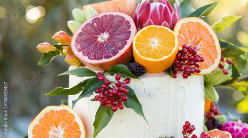 a white cake with oranges, grapefruits, and cranberries on the top of it.