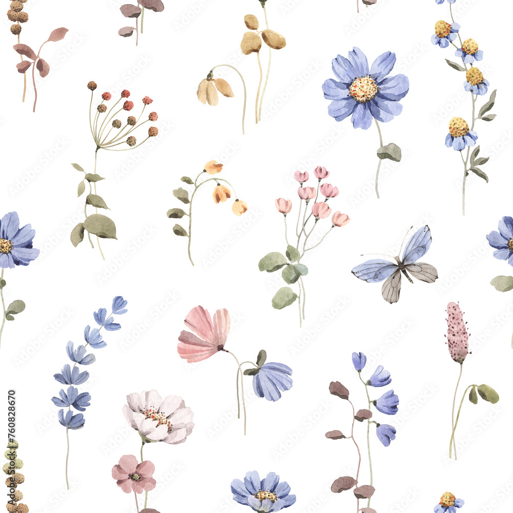 Floral seamless pattern with blue abstract wildflowers and butterfly, watercolor isolated illustration, floral print for textile or wallpapers, delicate background. - obrazy, fototapety, plakaty 