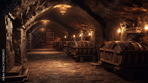 An underground  rustic catacomb serving as a wine transport tunnel in a medieval town.
