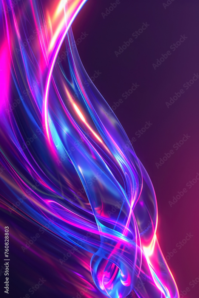 Naklejka premium Vertical Abstract fluid 3d render holographic iridescent neon curved wave in motion dark background.
