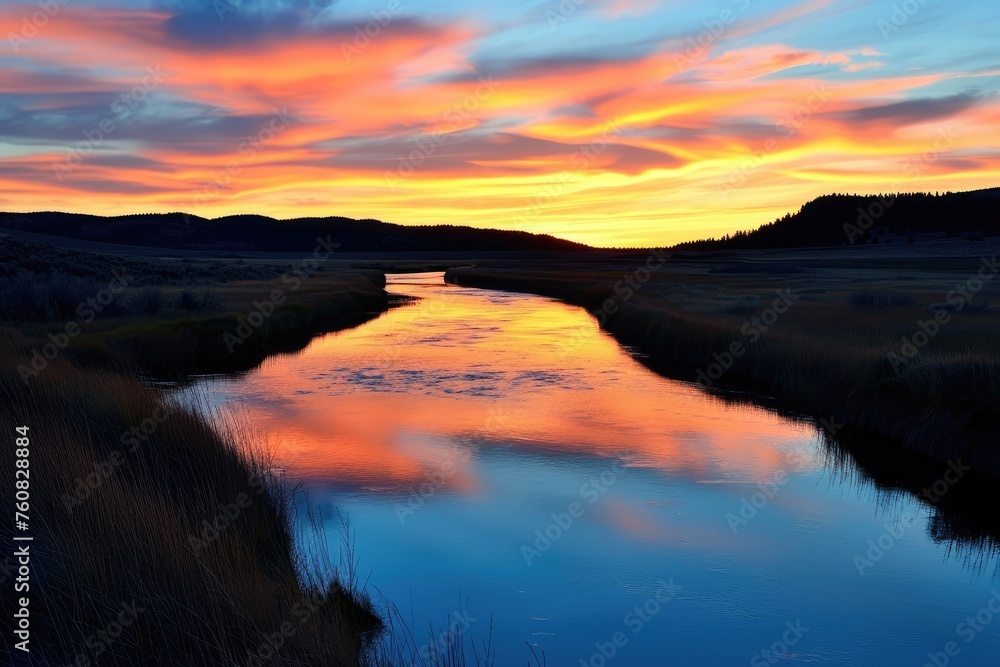Sunset over a calm meandering river, painting the sky with hues of gold and pink.