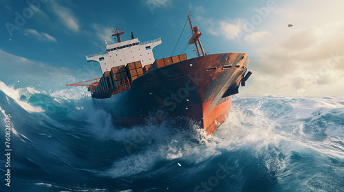 A cargo ship heavily laden, navigating through azure sea waters. © Abdul