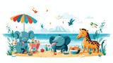 A cheerful scene of animals having a beach party by