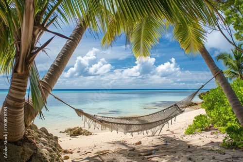 Tropical island hammock relaxation, blissful serenity under swaying palms.