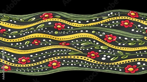a painting of a wavy line with flowers and leaves on a black background with white dots and a yellow border.
