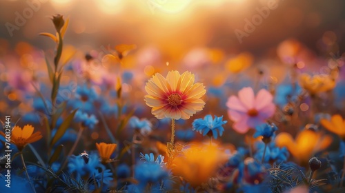 Colorful Flowers Blooming in Sunny Field