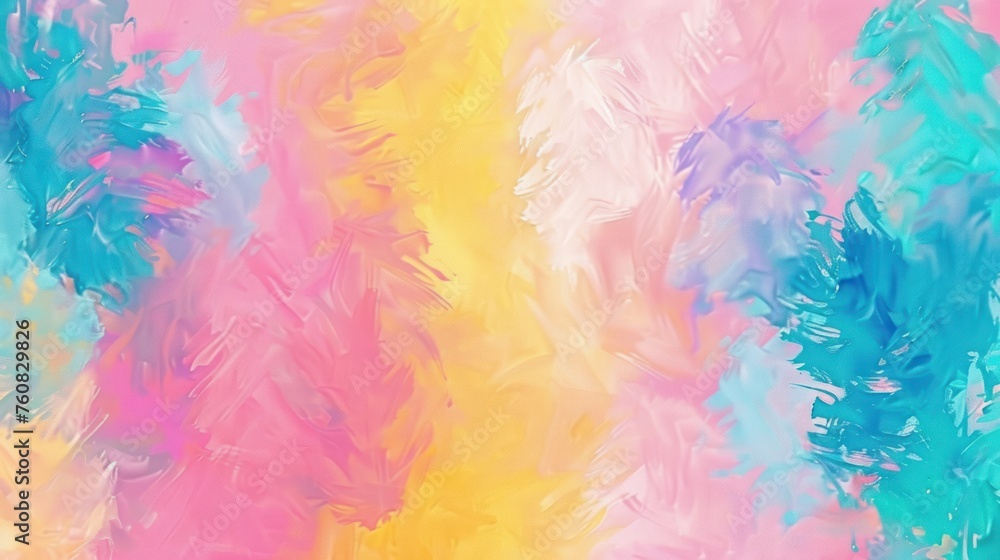 an abstract painting of blue, yellow, pink, and green leaves on a pink, yellow, blue, and pink background.