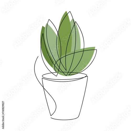 Hand drawn line continuous aloe house plant in pot vector. Outline drawing, botanical illustration. Flowerpot icon. Leaves silhouette. Minimal floral print, banner, card, poster, logo, sign, symbol.
