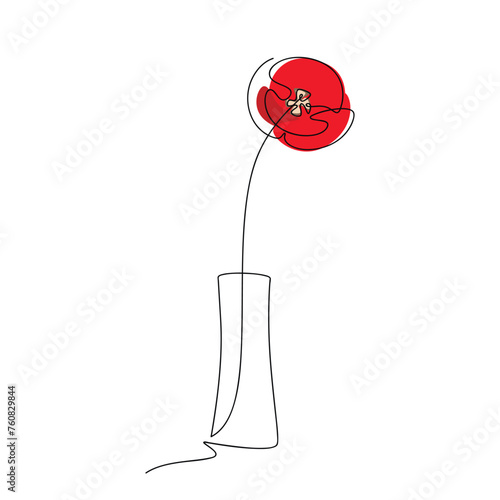 Hand drawn poppy flower rose carnation vector. Linear contour vase icon. Line continuous drawing. Floral design, botanical print, card, wall art poster, logo, doodle. Abstract cartoon illustration.