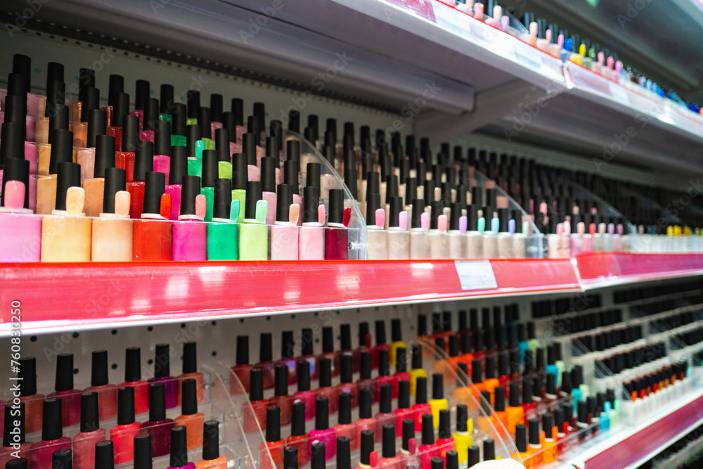 Nail polish in a cosmetics store. Nail polish in a cosmetics store.