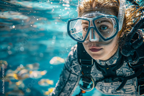 Portrait of a Woman in diving suit and wearing diving gear is swimming in the open ocean (ID: 760830281)