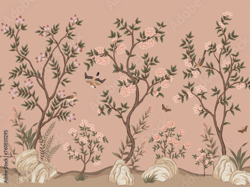 Vintage botanical garden tree, bird, butterfly, stone, rose flower, plant floral seamless border pink background. Exotic chinoiserie mural.	