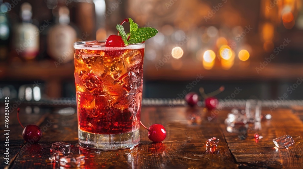 An elegant bar scene with a cherry-flavored beer cocktail, garnished with a cherry and mint leaf, on a polished wooden counter. An elegant bar scene with a cherry-flavored beer cocktail, garnished with a cherry and mint leaf, on a polished wooden counter.
