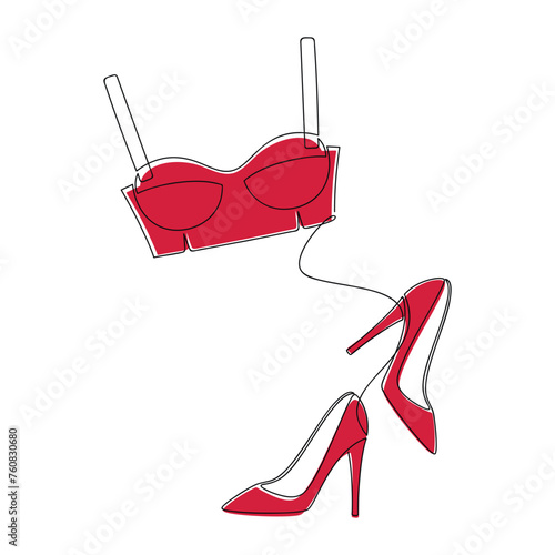Red pumps high heels shoes lingerie bra top line continuous drawing vector illustration. Hand drawn linear silhouette icon. Fashion design element for print, banner, card, wall art poster, brochure.