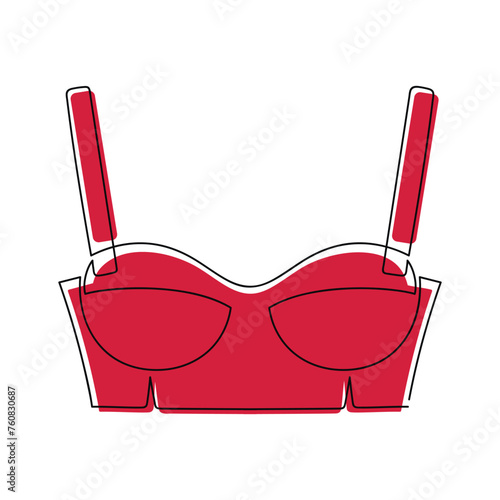 Red lingerie bra top one line continuous drawing vector illustration. Hand drawn woman clothes icon. Fashion design, showcase print, shop banner, card, poster, clothing store brochure, sign, symbol.