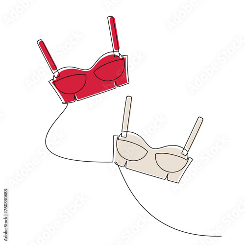 Beige red lingerie set bra top one line continuous drawing vector illustration. Hand drawn woman clothes icon. Fashion design, showcase print, shop banner, card, poster, clothing store brochure, sign.
