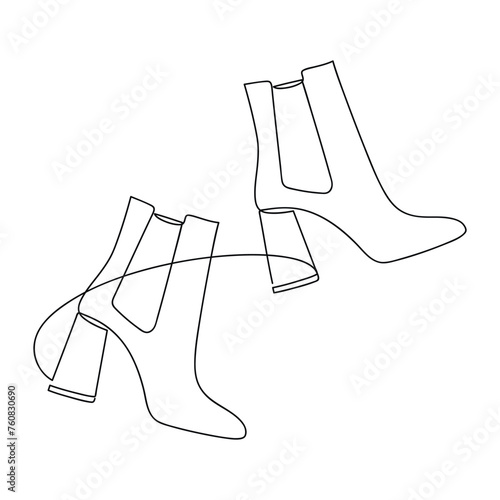 High heels chelsea ankle boots shoes one line continuous drawing vector illustration. Hand drawn linear silhouette icon. Fashion design element for print, banner, card, wall art poster, brochure.