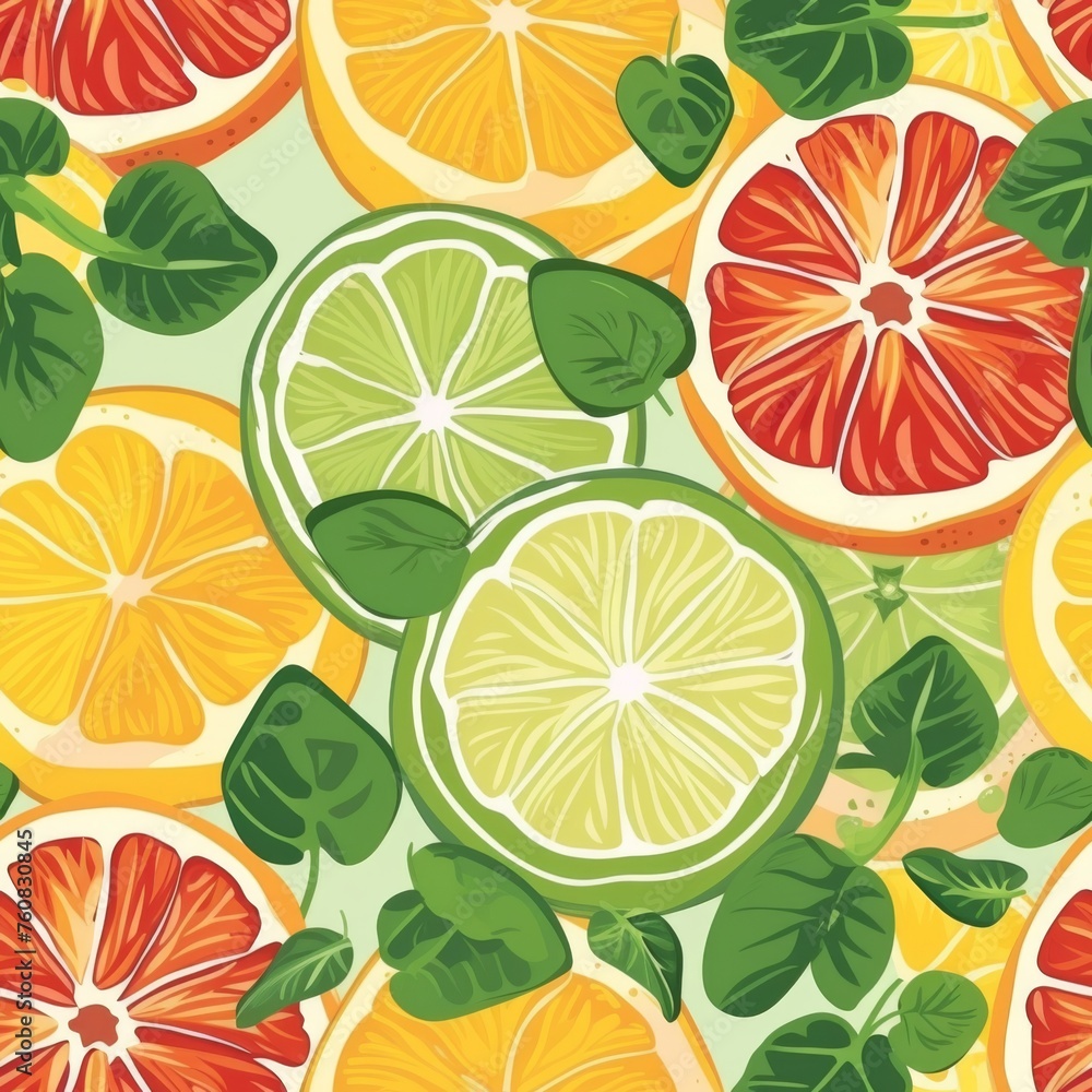 A vibrant mélange of citrus zest meets the aromatic freshness of basil in this seamless pattern, ideal for infusing a burst of vitamin-rich visuals into any culinary or fashion design space. A vibrant mélange of citrus zest meets the aromatic freshness of basil in this seamless pattern, ideal for infusing a burst of vitamin-rich visuals into any culinary or fashion design space.