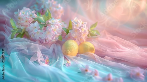 a painting of some flowers and lemons on a blue and pink cloth with pink and white flowers in the background. photo