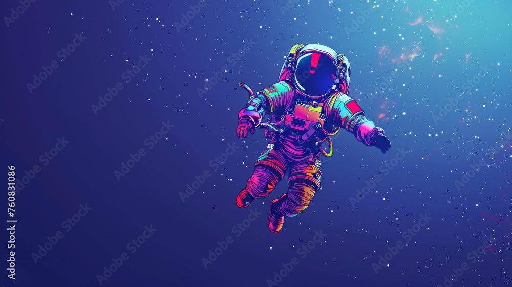Artistic illustration of an astronaut effortlessly floating against a backdrop of a starlit space in vivid colors. Artistic illustration of an astronaut effortlessly floating against a backdrop of a starlit space in vivid colors.