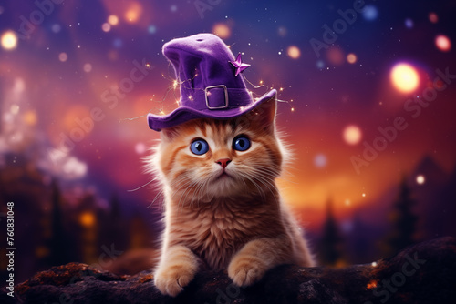 Cat Wearing Purple Hat. Generative ai.