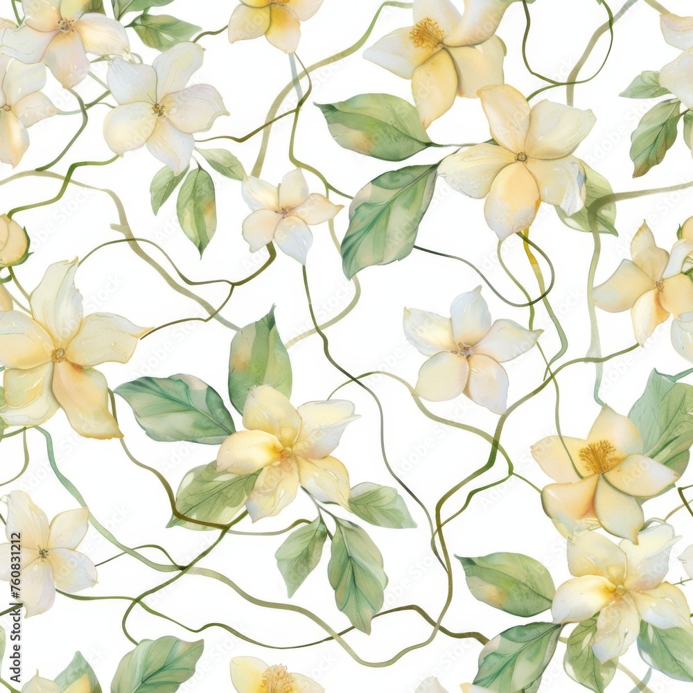A watercolor seamless pattern featuring Lemon Drop flowers and lush greenery, radiating a sophisticated and natural elegance.