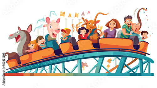 A cheerful scene of animals riding on a roller coaster