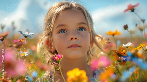Little Girl Standing in Field of Flowers