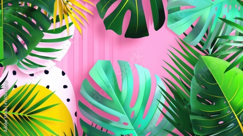 a bunch of tropical leaves on a pink and yellow background with a polka dot dot wallpaper in the background. photo