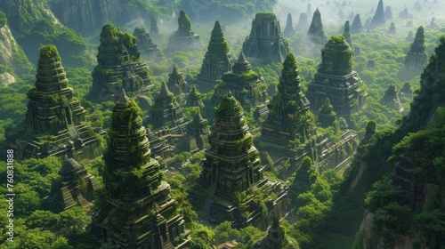 A breathtaking digital artwork of jade-colored spires, ancient and overgrown with lush green foliage, nestled in a misty, emerald forest.